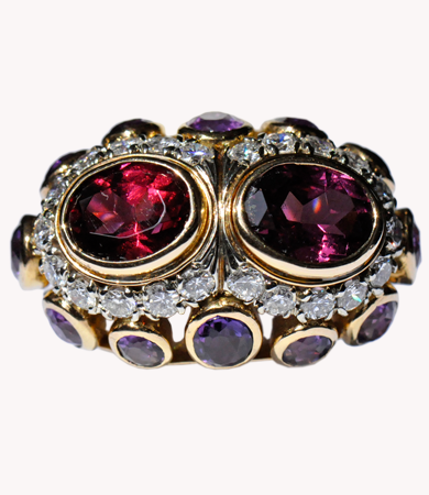 Yellow and white gold ring with amethysts, diamonds, tourmaline and garnet | Statement Jewels