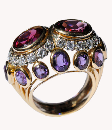 Yellow and white gold ring with amethysts, diamonds, tourmaline and garnet | Statement Jewels