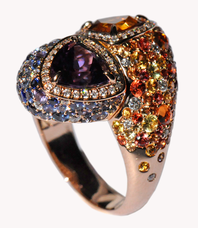 A rosé gold Artur Scholl ring with amethyst, citrine, diamonds and coloured sapphires | Statement Jewels