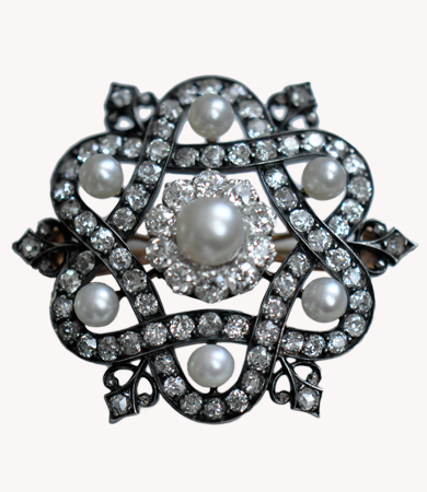 Rosé gold, silver, natural pearl and diamond brooch | Statement Jewels
