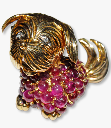 Yellow gold, platinum, diamond and ruby dog brooch | Statement Jewels