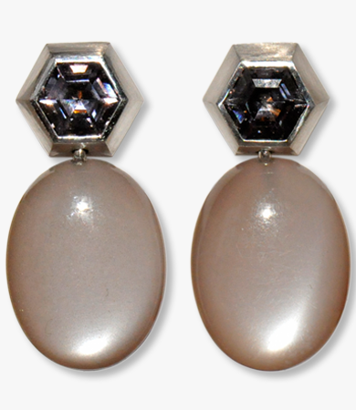 White gold, grey moonstone & spinel T.A.C. earrings | Statement Jewels