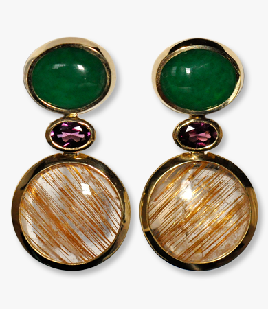 Yellow gold, jade and rutilated quartz T.A.C. earrings | Statement Jewels