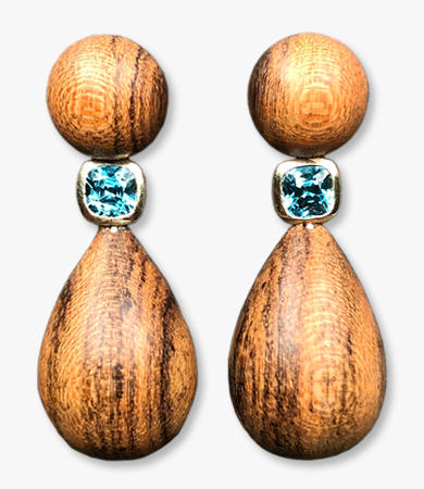 Yellow gold, blue zircon and Bocote wood T.A.C. earrings | Statement Jewels