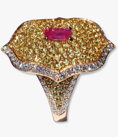 Rosé gold, diamond, yellow sapphire & ruby Artur Scholl ring | Statement Jewels