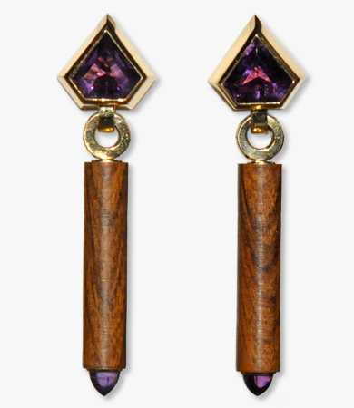 Yellow gold, amethyst & Knob-thorn wood T.A.C. earrings | Statement Jewels