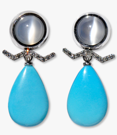 White gold, moonstone, turquoise & diamond T.A.C. earrings | Statement Jewels