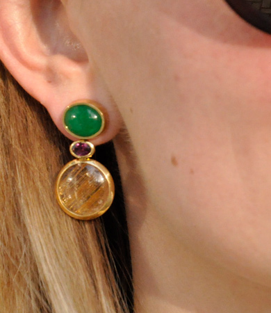 Yellow gold, jade and rutilated quartz T.A.C. earrings | Statement Jewels
